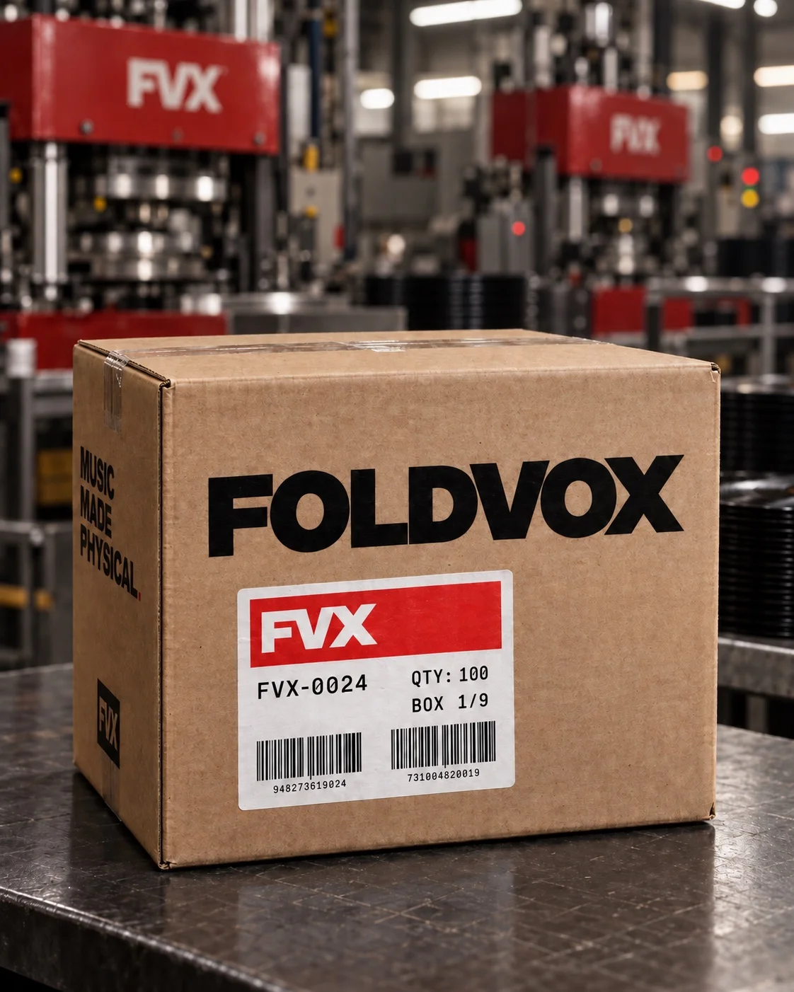 Фирменная коробка FOLDVOX с этикеткой FVX на фоне производства, визуальная концепция